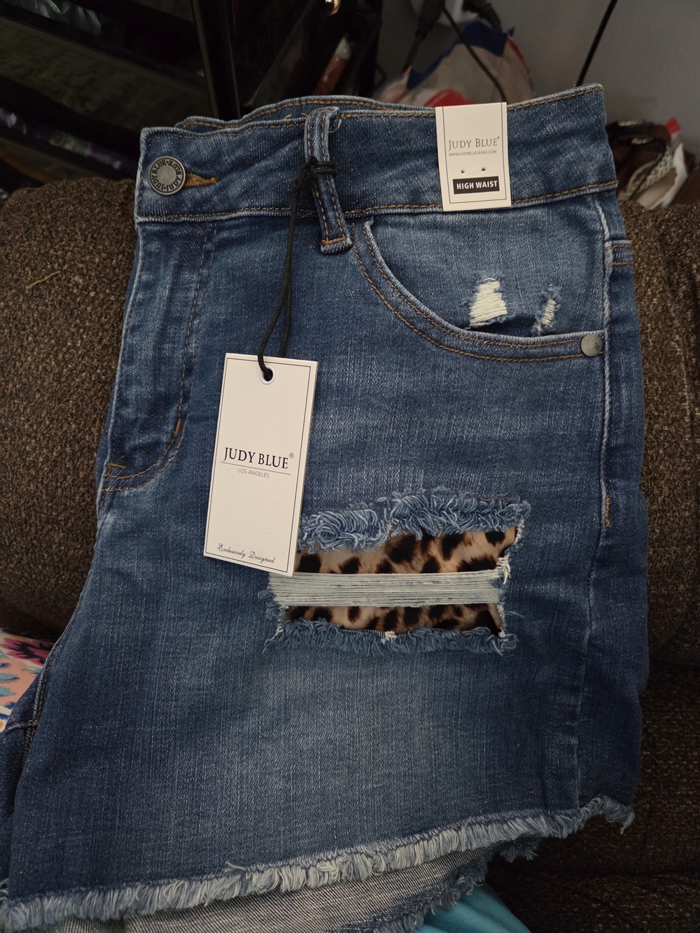 Judy Blue High Waist Distressed Leopard Patch Denim Shorts NWT XL - Picture 4 of 6